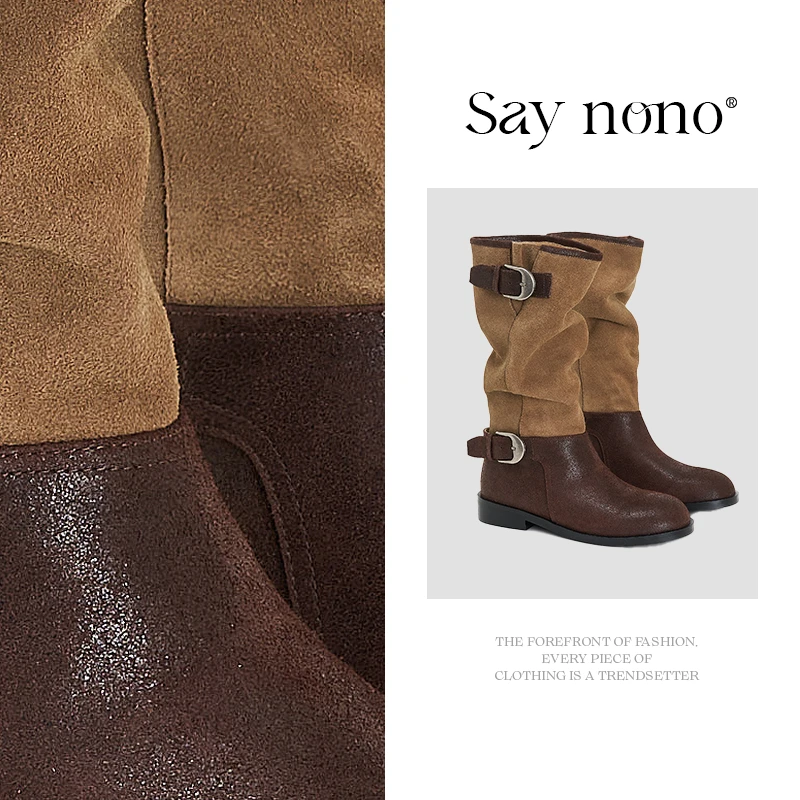 Say nono 粗跟褶皱堆堆长筒骑士靴女鞋新款西部弹力瘦瘦靴中筒靴
