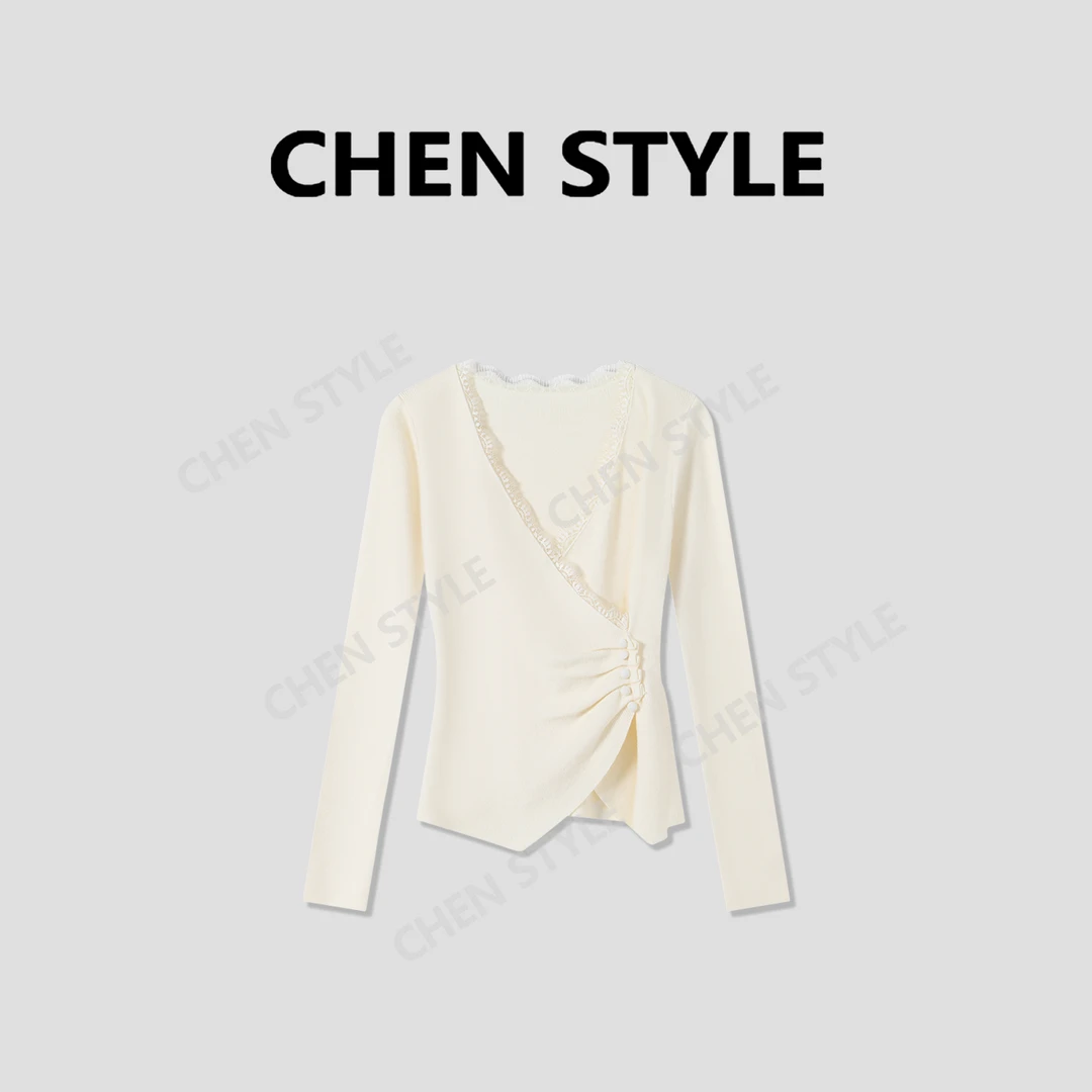 楚楚君~【纯欲美感】M04187性感纯欲蕾丝边V领纽扣显瘦针织上衣