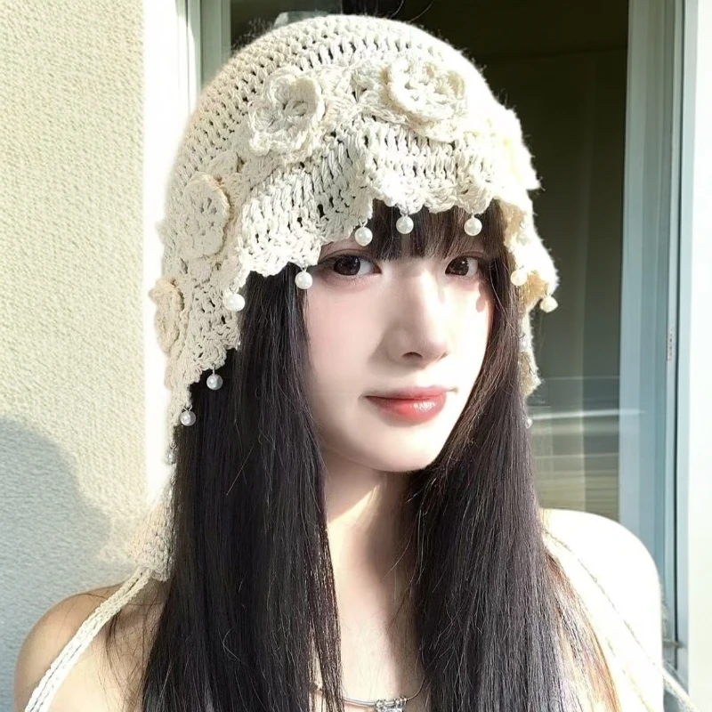珍珠流苏吊坠头帽帽女针织夏季时尚镂空手工复古包头民族棉线帽子