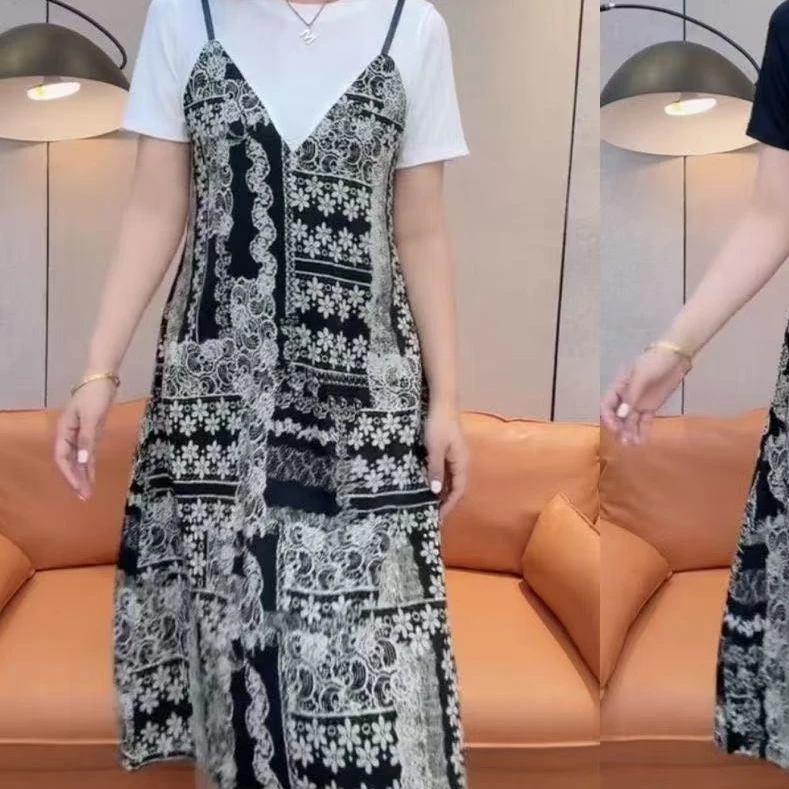 7096-C-韩版设计感撞色假两件大码连衣裙