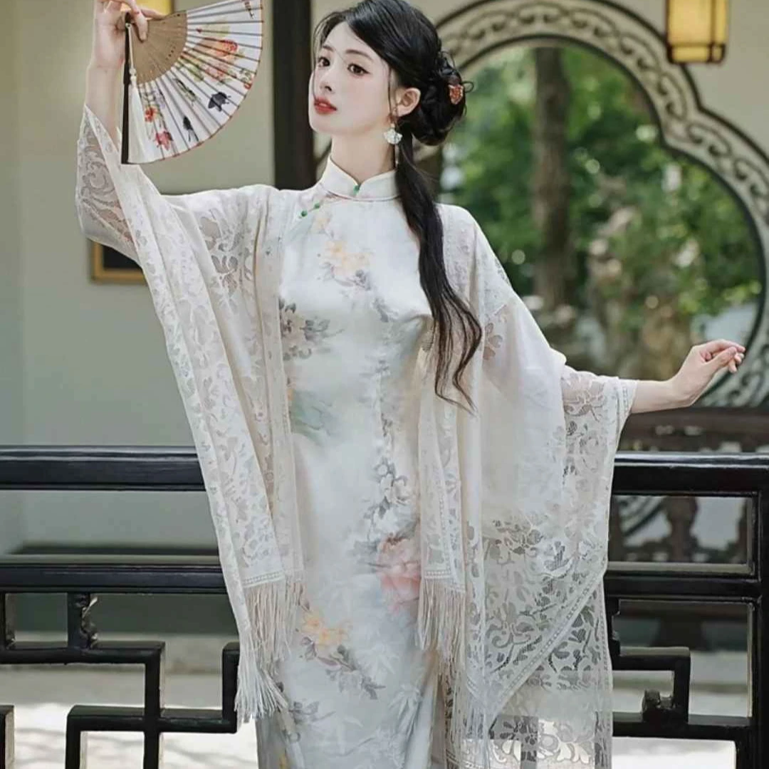 春夏薄款纯色蕾丝披肩女新中式国风旗袍披肩气质优雅流苏防晒外搭