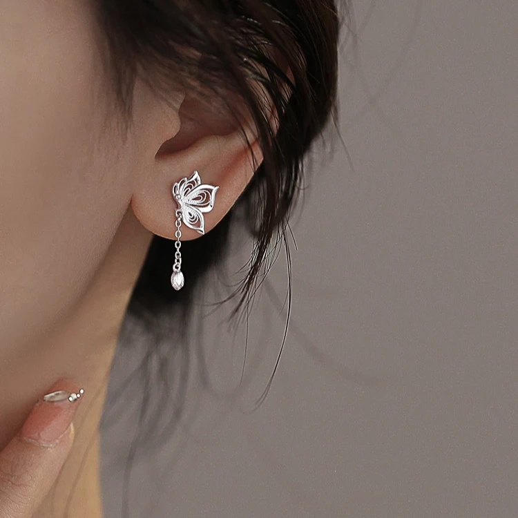 FARCOKO/法蔻 足银耳饰 流苏镂空蝴蝶耳钉女生小众礼物七夕送女友