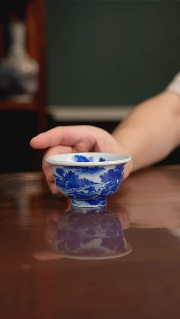 晓月柴窑 山水压手杯