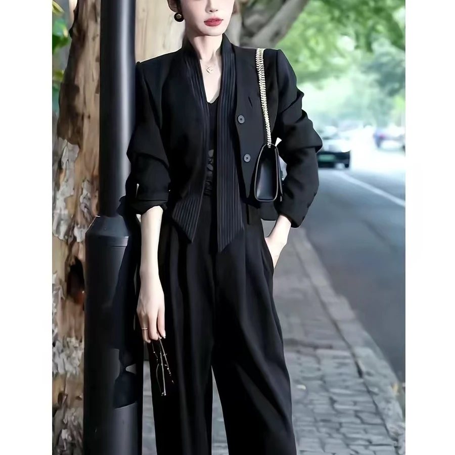 假两件拼接西装套装女2025春季设计款时尚显瘦阔腿裤两件套