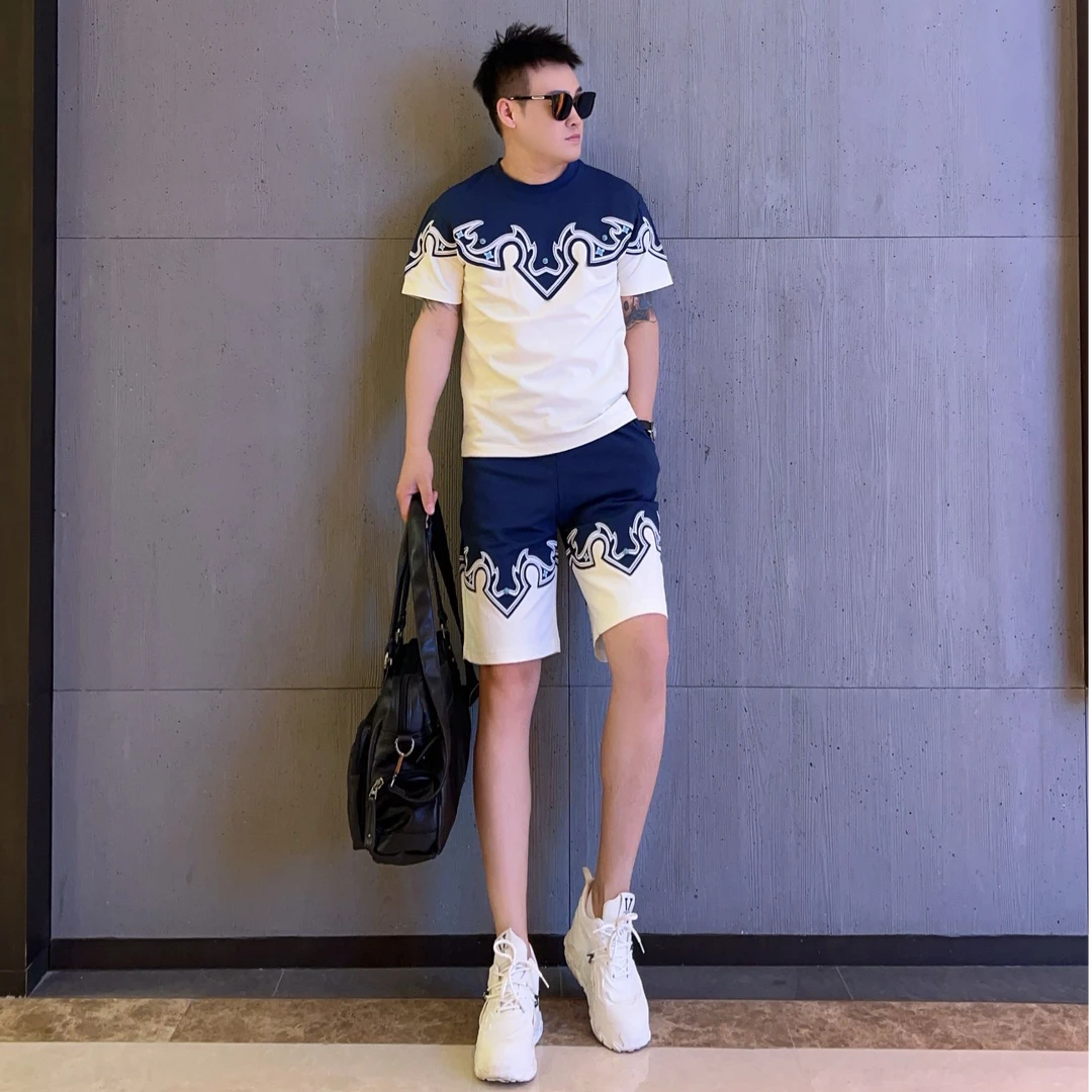 夏季新款男刺绣套装圆领短袖休闲潮流短裤时尚百搭T恤拼接两件套