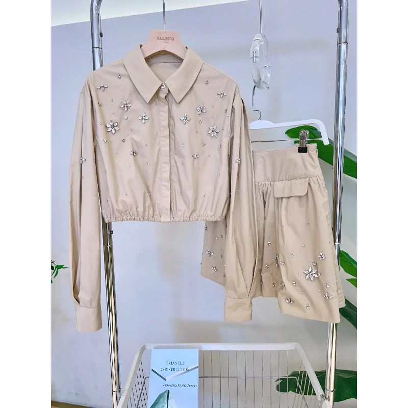 丨春夏时尚休闲烫钻长袖夹克长袖衬衫短裤套装 LL40607-5177