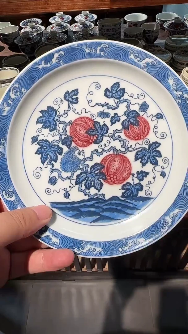 【初谨】青花釉里红西瓜壶承-微微瑕