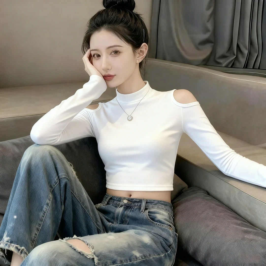 早秋chic独特别致露肩上衣ins设计小众打底衫女内搭春秋短款长袖