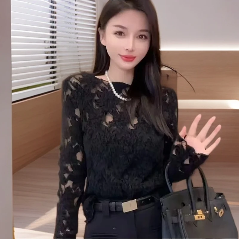 微透性感风长袖蕾丝打底衫显瘦黑色百搭时尚洋气内搭女士春季小衫