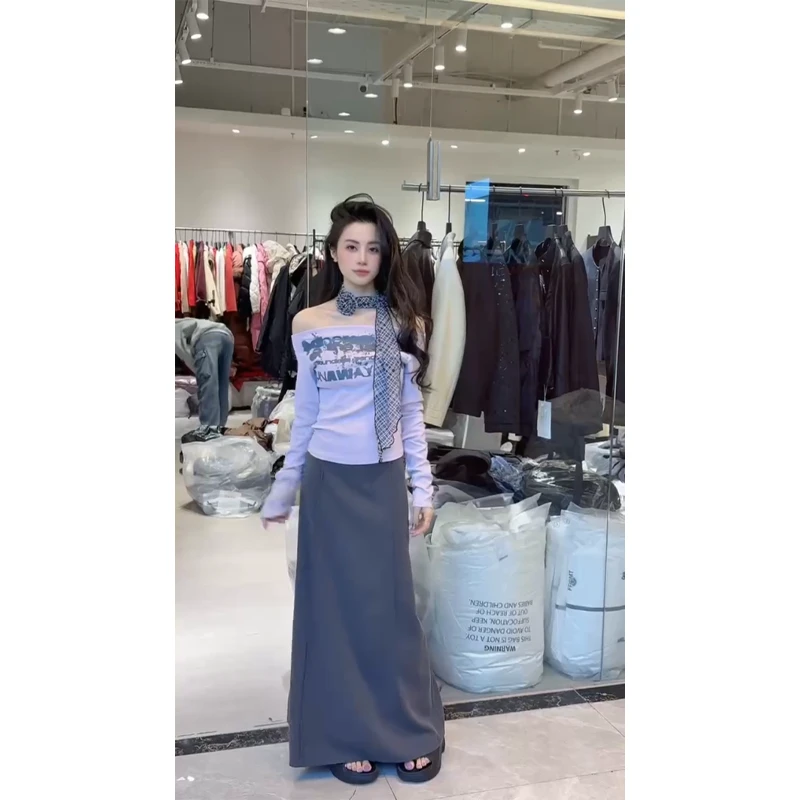 字母印花斜肩长袖t恤一字肩上衣半身裙中长款包臀鱼尾裙长裙2025