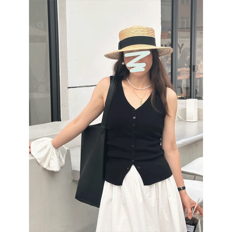 法式黑色气质修身显瘦针织上衣女夏季新款通勤百搭修身V领背心