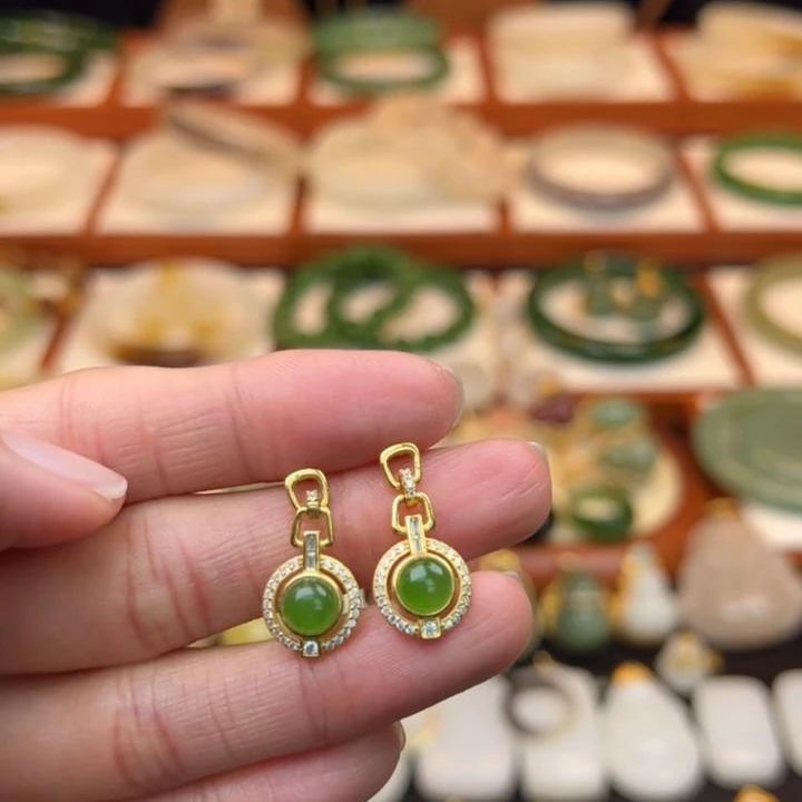 和田玉碧玉S925银镶嵌耳饰