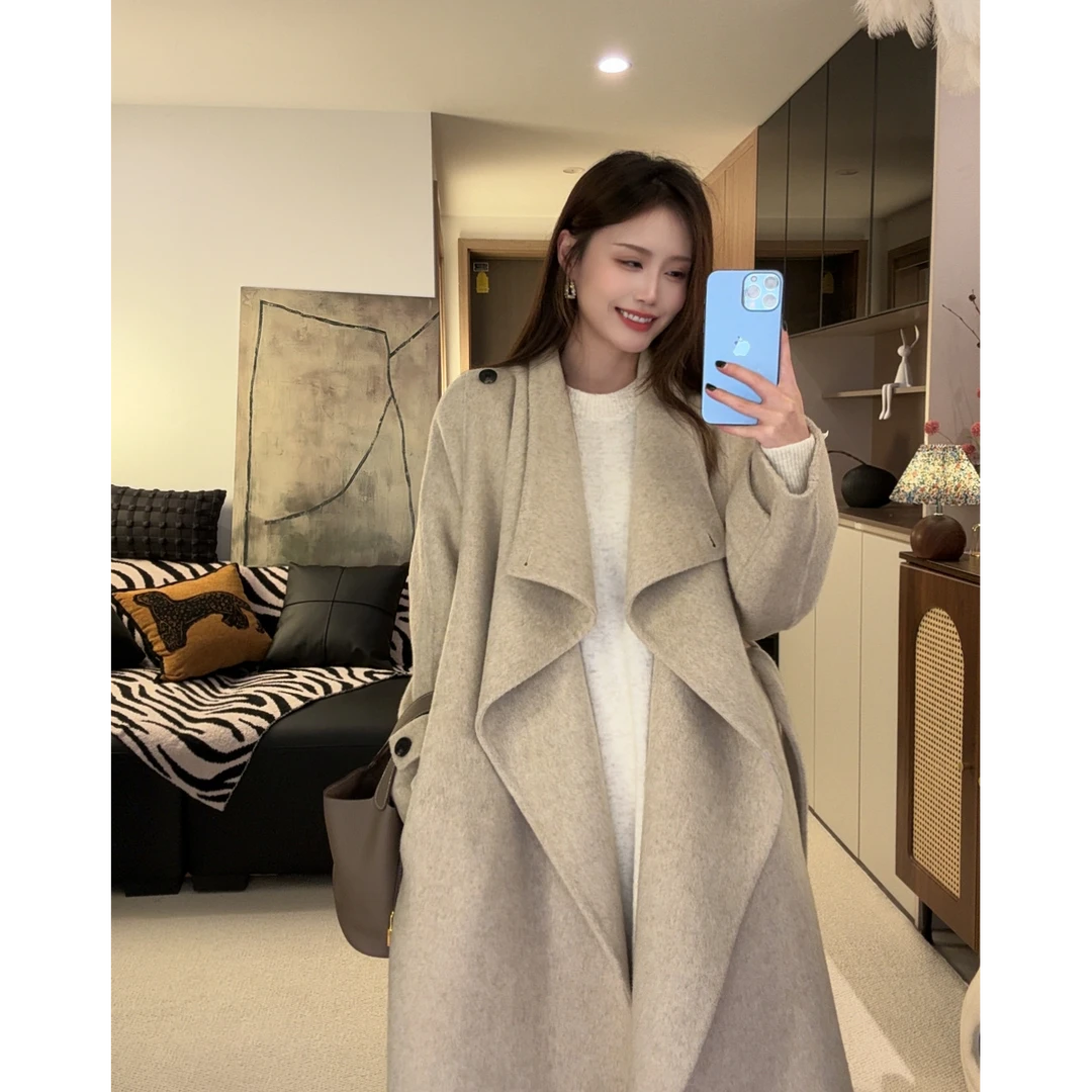 【盐风棱语】25年秋冬新款休闲腰带中长款双面羊毛大衣外套女装
