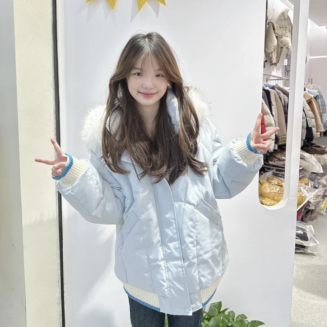 A17甜美韩系大毛领猫耳朵卡兔毛加绒加厚棉服冬季外套连帽时尚