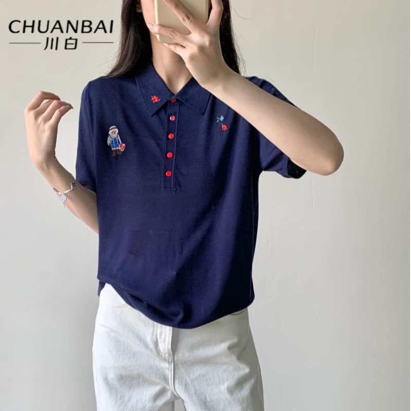 CHUANBAI 川白夏季polo领小熊刺绣简约气质针织短袖女