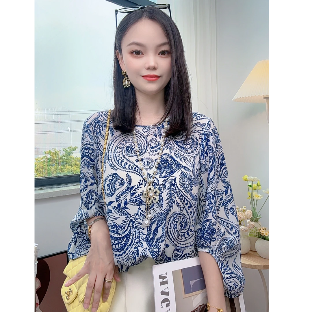 [【灿灿】中袖真丝桑蚕丝双绉T恤女早秋2025新款时尚印花宽松上衣