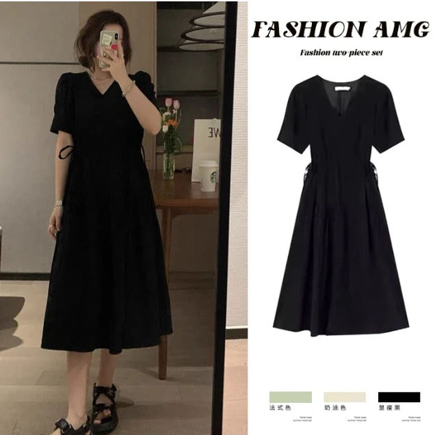 孕妇夏装连衣裙抽绳新款法式甜美V领宽松气质裙子中长裙显瘦洋气