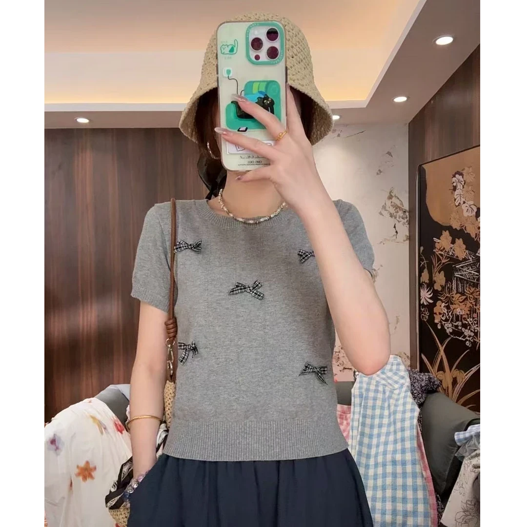 2025夏季新款气质时尚百搭蝴蝶结装饰薄款圆领针织衫女短上衣5056