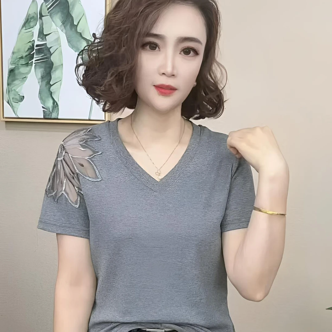 夏季简约V领修身短袖T恤半袖薄款时尚气质显瘦洋气女士百搭纯色