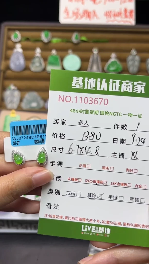 银S925镶嵌翡翠耳饰多人