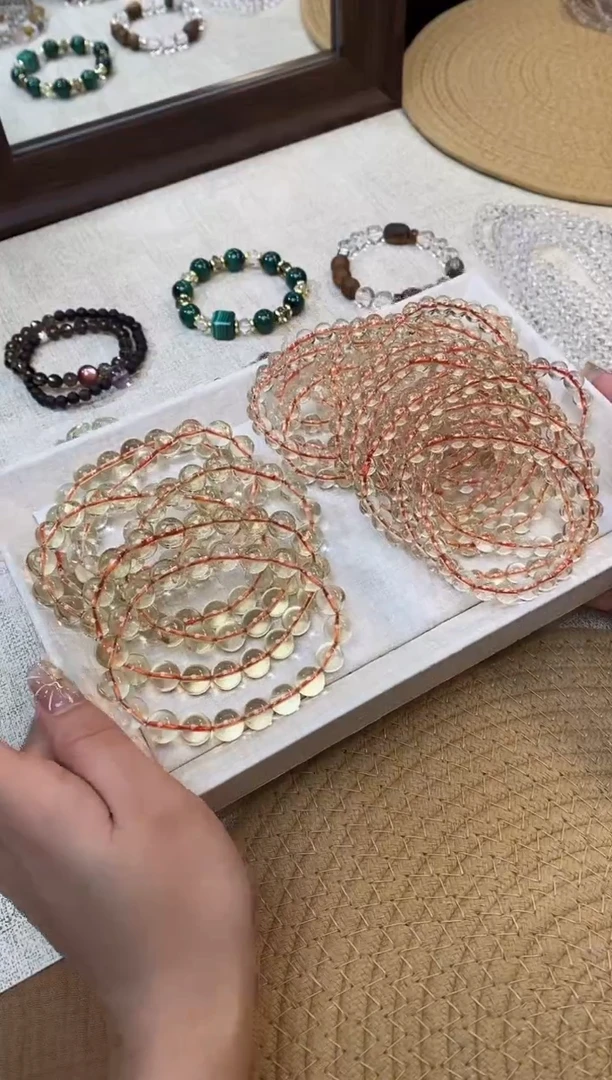 合金手链水晶《茶皇》竹叶青黄水晶素圈手串7-8mm多样性一