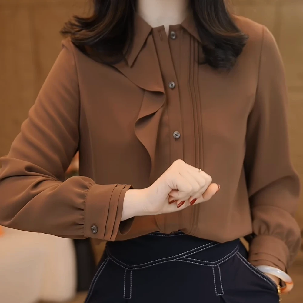 欧若风曼贝衬衫女士高级显瘦摩卡棕气质衬衣设计感复古百搭洋气
