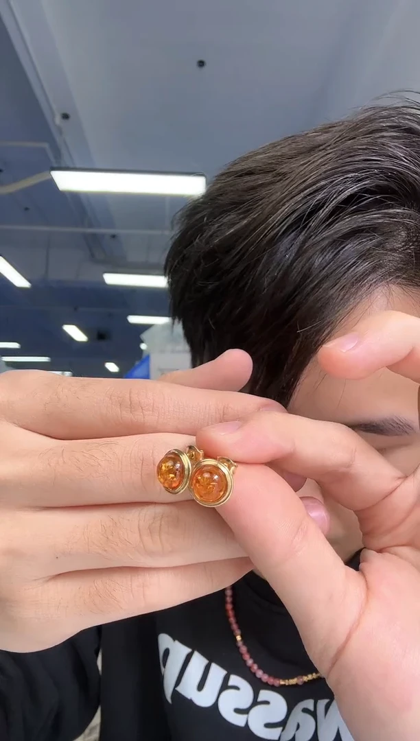 【闪购商品】琥珀耳饰银S925镀金镶嵌琥珀耳饰45