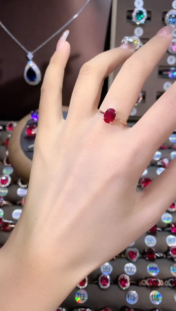 银S925镶嵌戒指红宝石68酒红玫瑰金