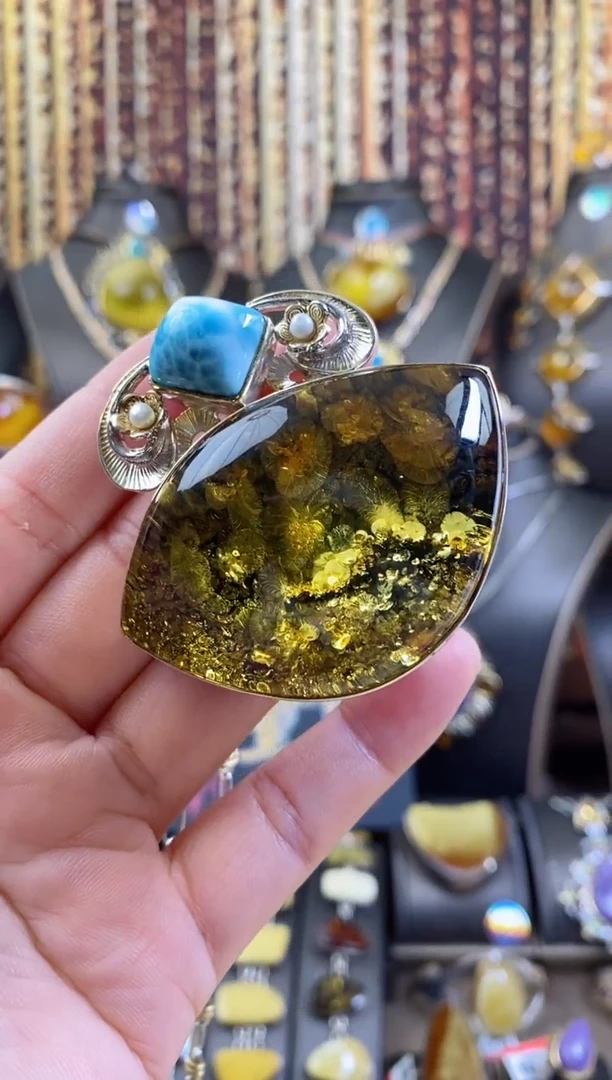 银S925镶嵌颈饰琥珀绿珀吊坠