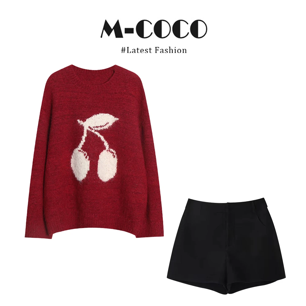 【现货秒发】韩系慵懒风红色小樱桃提花设计感毛衣显瘦短裤秋冬套装