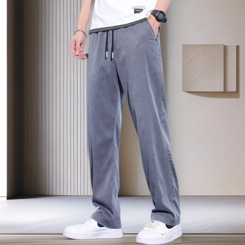 A#78莱赛尔天丝男裤薄款裤子男宽松阔腿拖地裤垂坠感松紧腰大码潮