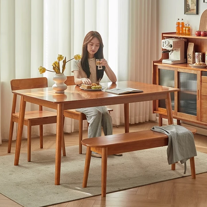 全实木餐桌樱桃木色餐厅吃饭桌子家用书桌小户型简约餐桌椅组合