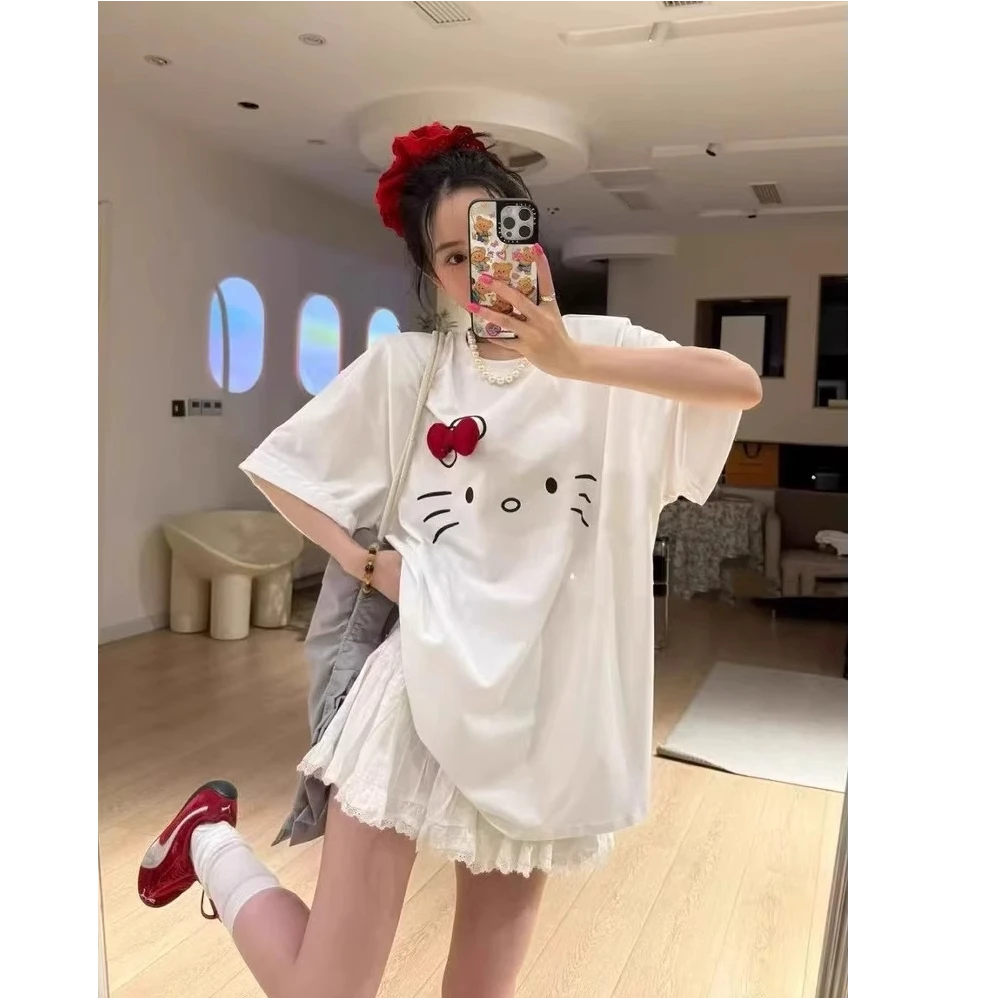 韩国东大门2025夏季新款猫咪印花立体蝴蝶结圆领宽松百搭短袖T恤