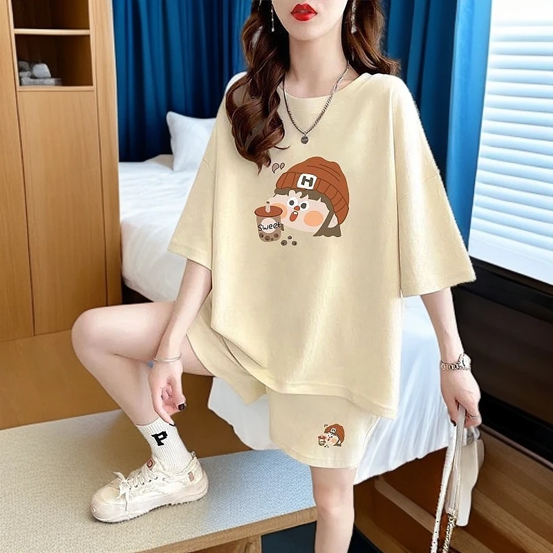 夏装洋气衣服女时尚休闲短袖套装运动服大码ins印花韩版外穿学生