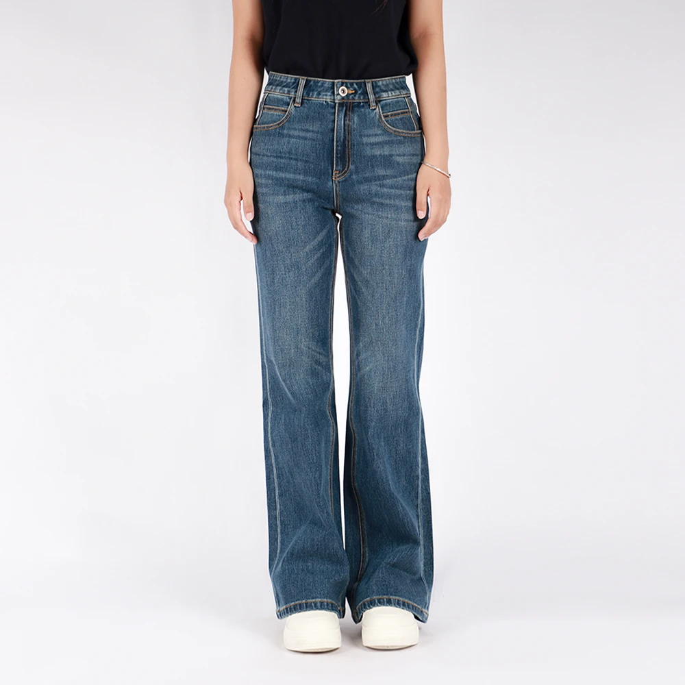 2025年女士四面弹春秋冬复古高腰宽松拖地直筒喇叭牛仔裤LJ824W