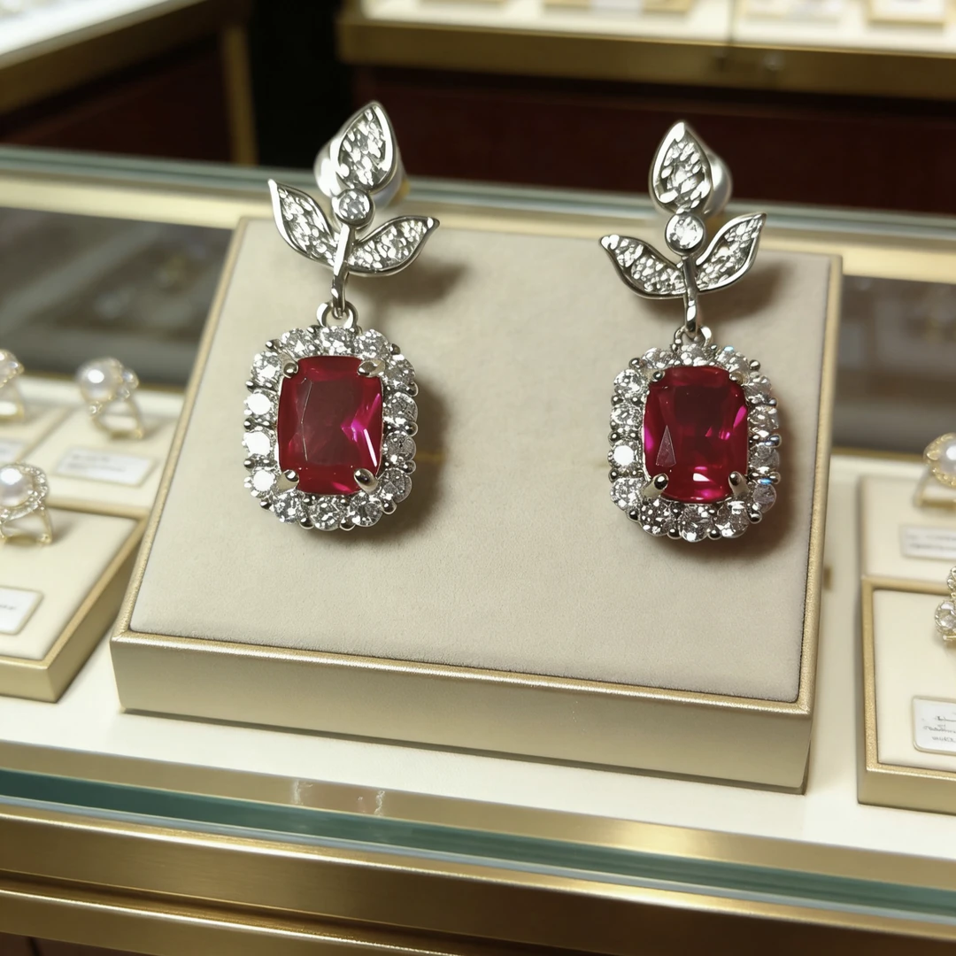 铜合金合成锆石耳饰 轻奢红宝精切合金耳饰复古通勤风8156