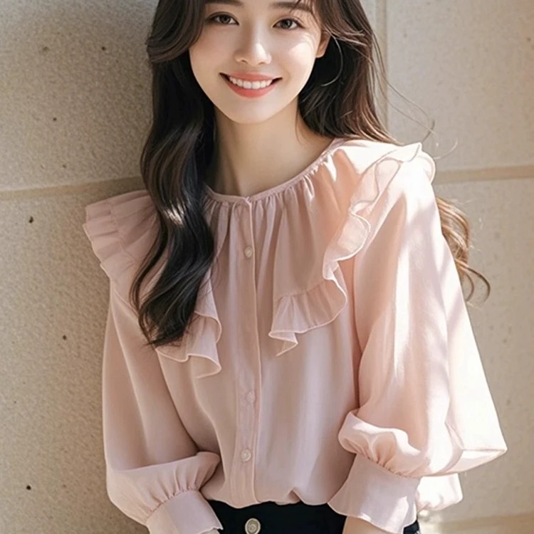 哥弟阿玛施正法式设计感百搭甜美小清新粉色荷叶边短袖衬衫女上衣