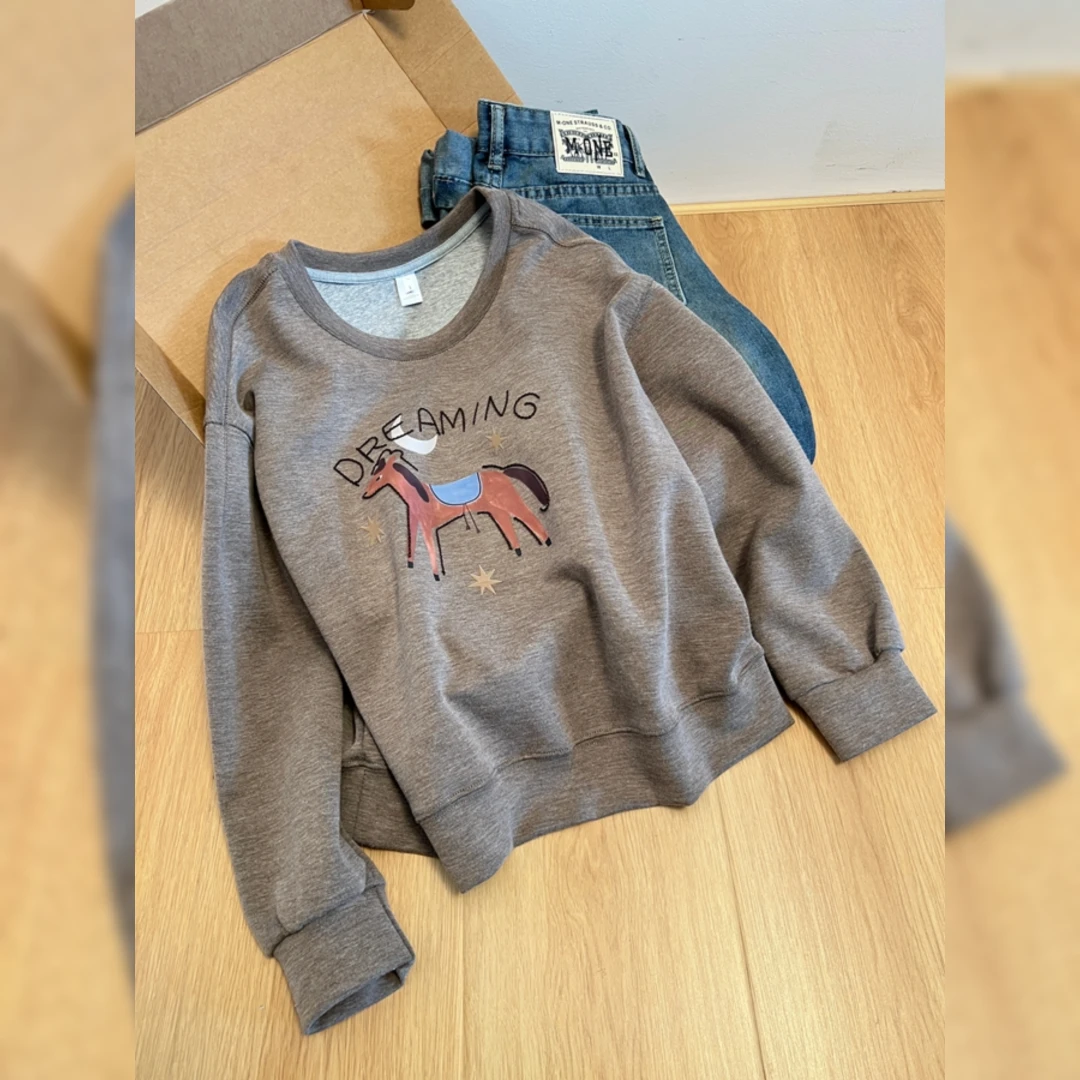 美式设计圆领长袖卫衣女早秋2025新款胖MM时尚宽松百搭打底衫上衣