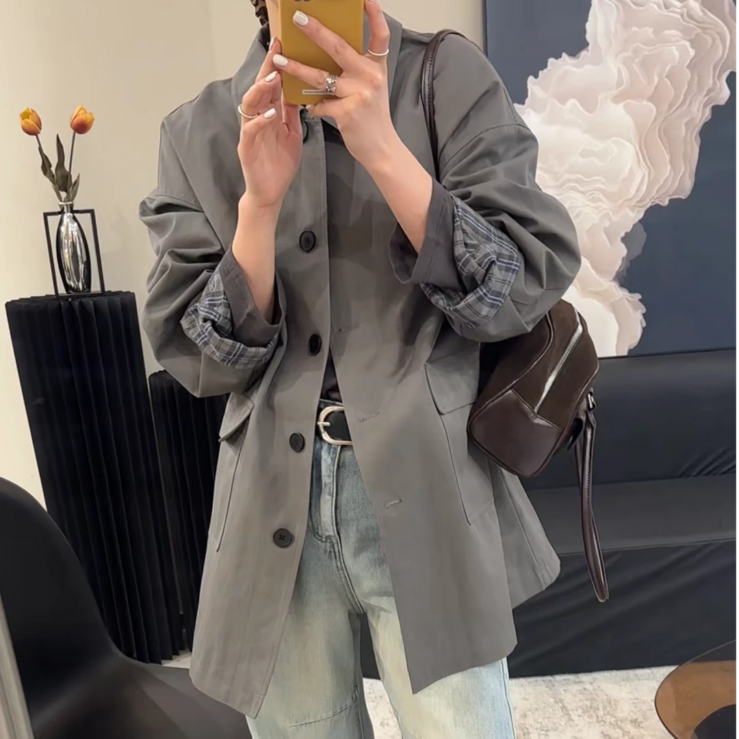 韩国2025早秋季新款风衣女时尚廓形翻领宽松中长款小个子气质外套