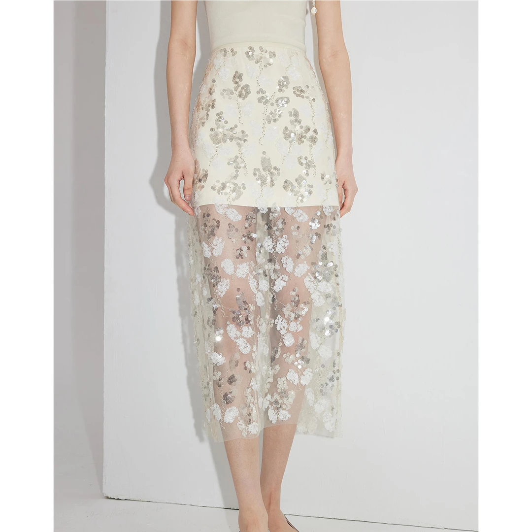 MandyZhang白色法式醋酸亮片蕾丝半身裙女秋季高级感镂空气质裙子