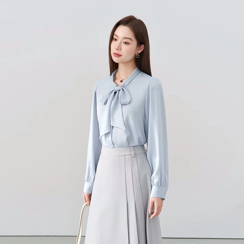 蓝色雪纺蝴蝶结衬衫女春季新款职业正装内搭上衣面试衬衣