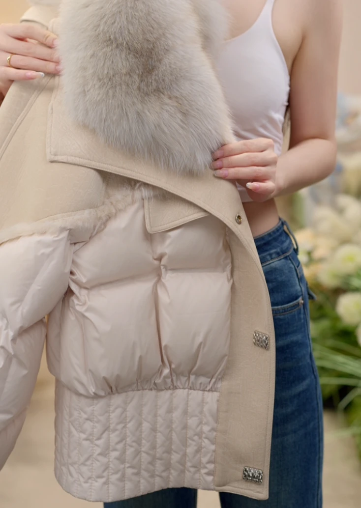 【KK】时尚百搭拼接毛领气质洋气保暖设计师女士米白色羽绒服001