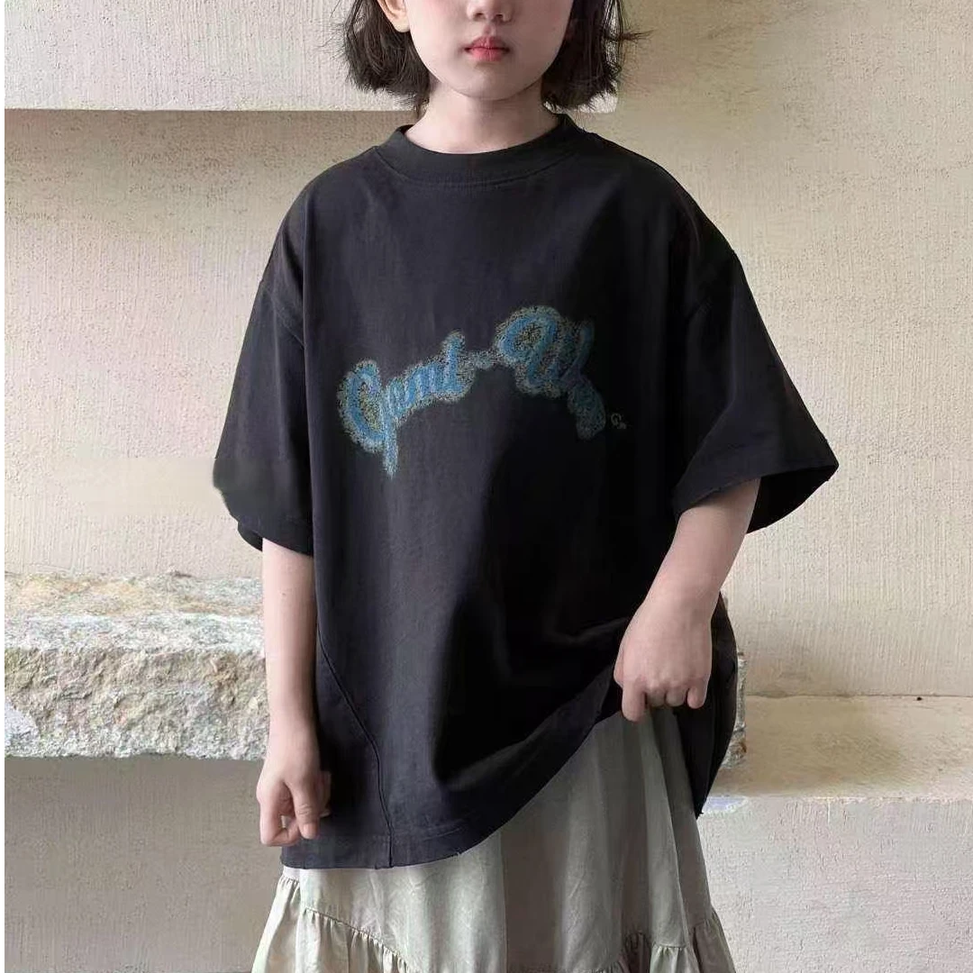 2208韩版2025夏款儿童时尚潮流百搭休闲休闲个性深灰色字母短袖