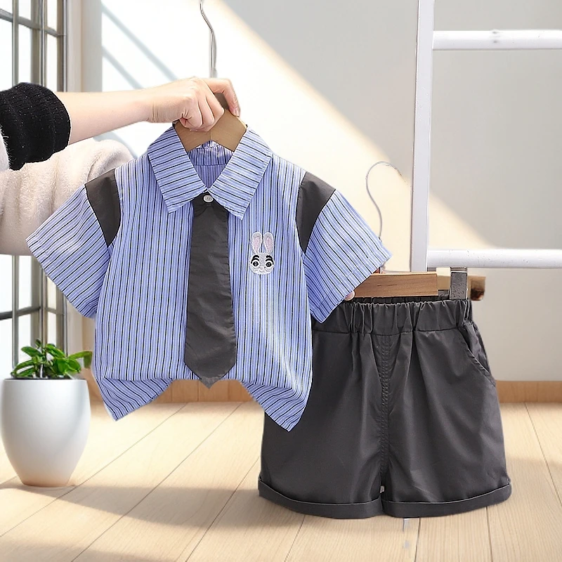 【两件套】男女宝夏季学院风翻领竖条纹衬衫短袖短裤高品质织里童装
