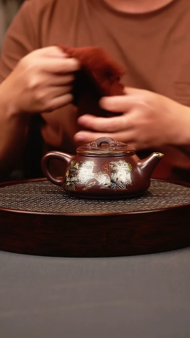 茶壶紫砂石红 剑流石瓢 忆江南珐琅彩