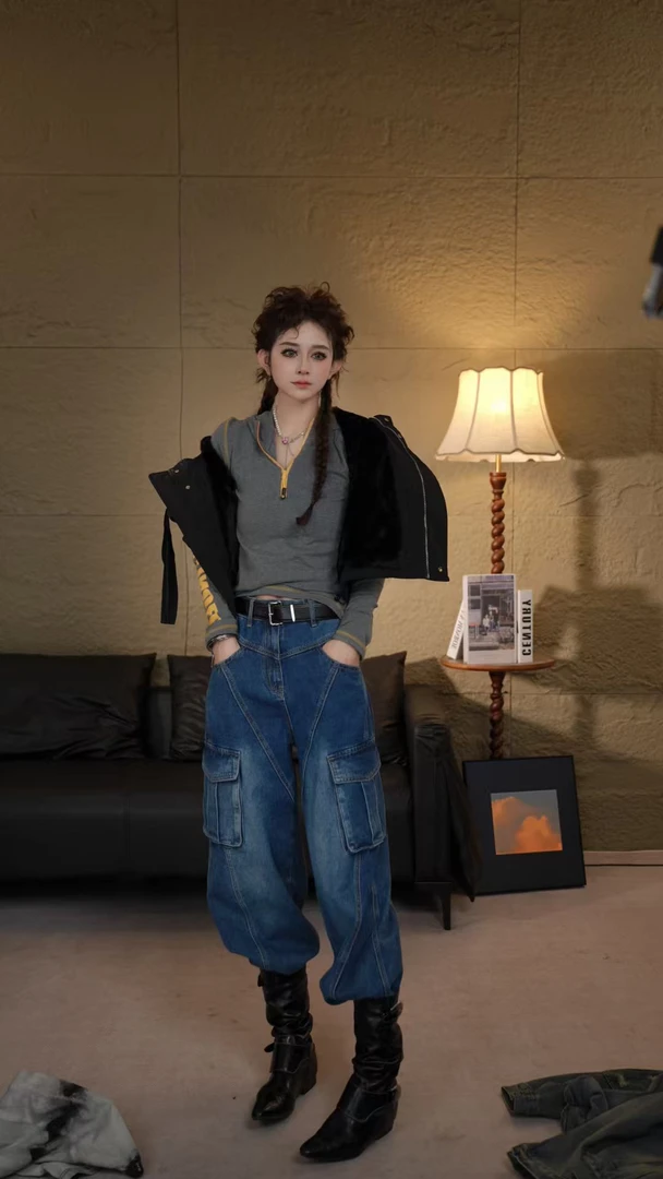 秋冬新款上新弯刀显瘦百搭设计感休闲中高腰阔腿牛仔裤6085