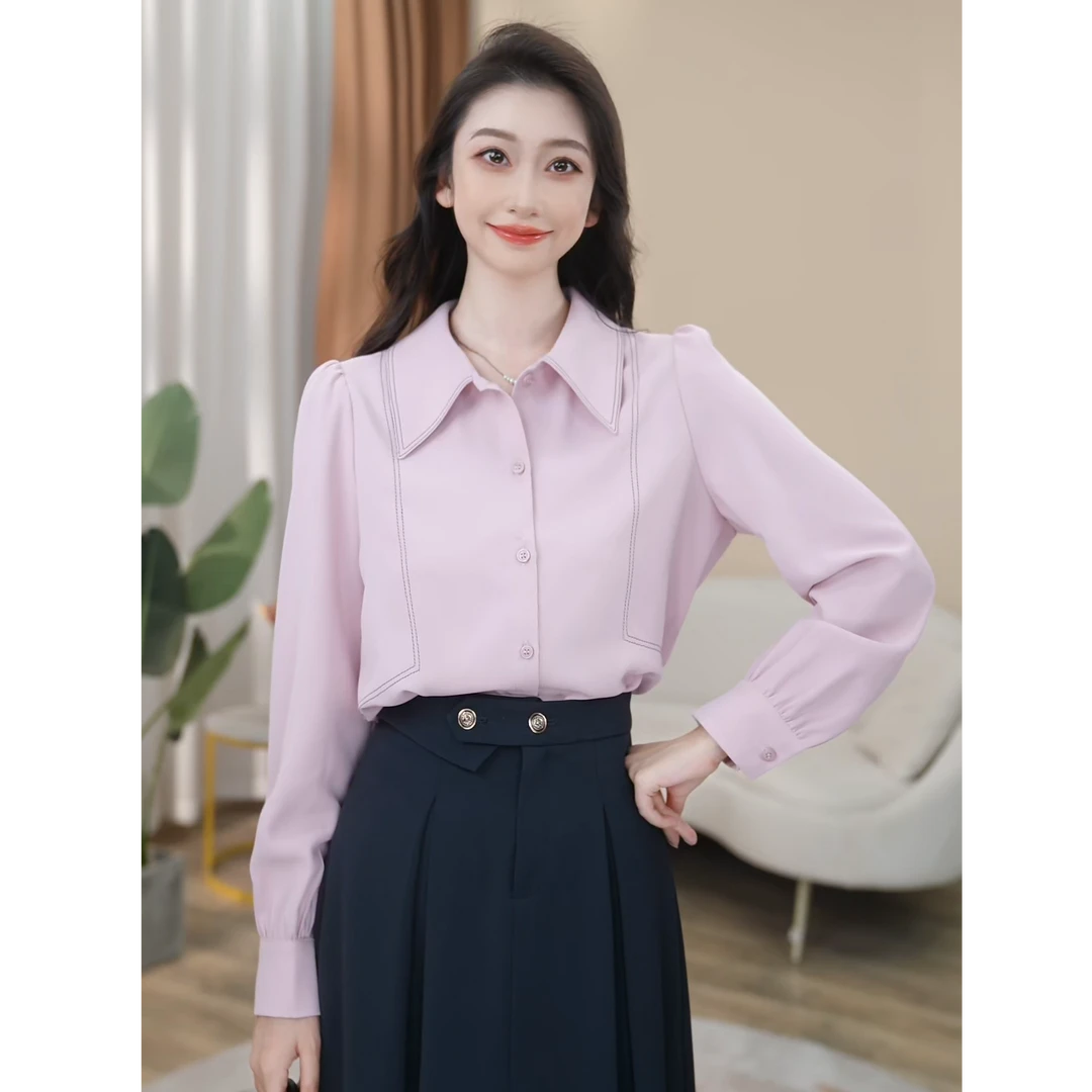 【早鸟价】粉紫色长袖衬衫女轻奢设计感通勤职业衬衣8593280【甜甜】