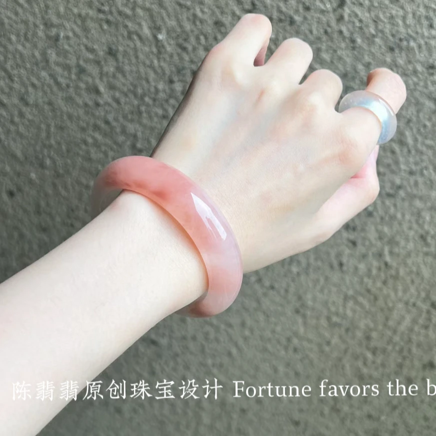 天然桃花酿手镯高冰金丝玉手镯粉色玉镯子飘花玉手镯糯种正圈手镯