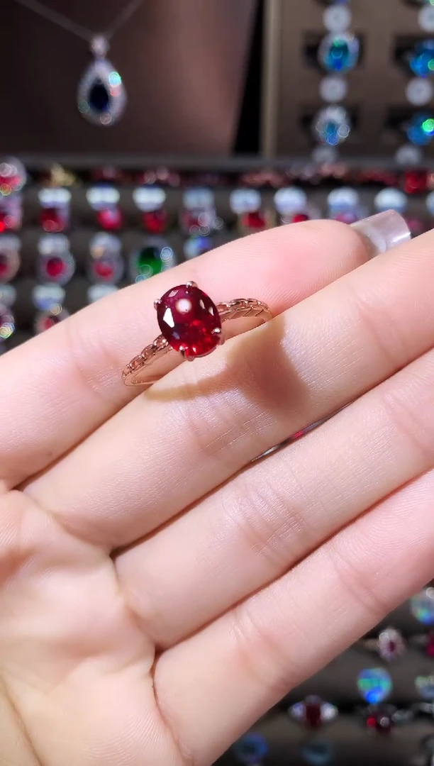 银S925镶嵌戒指红宝石810酒红玫瑰金
