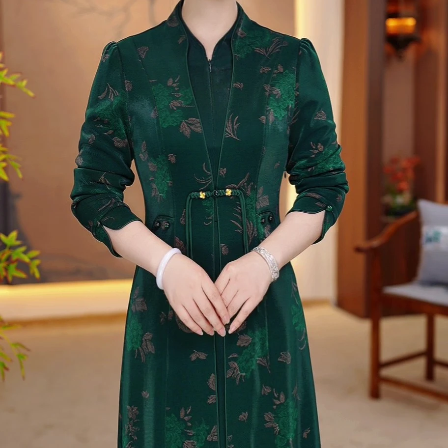 2025款秋季复古遮肉显瘦改良旗袍裙大码中老年气质妈妈装连衣裙